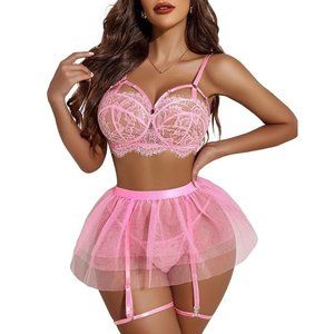 Pink Lace Garter Lingerie Mesh Mini Skirt Nightwear Babydoll